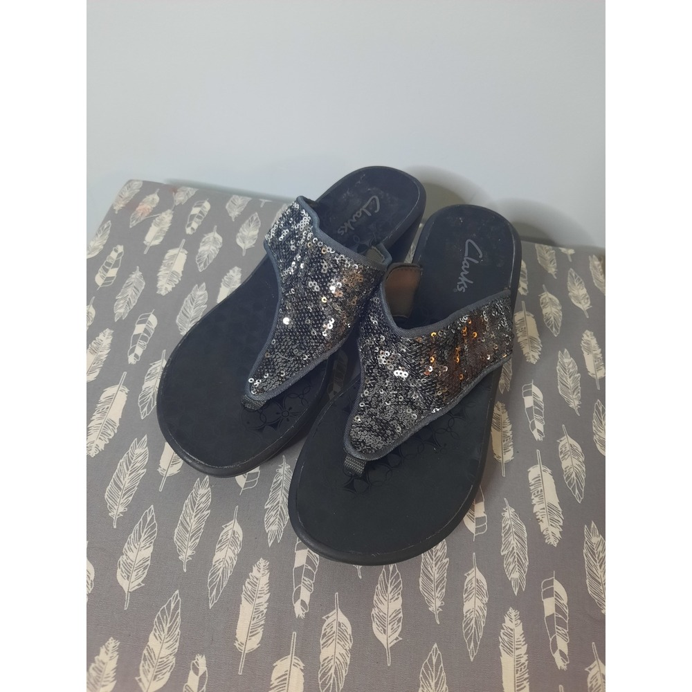 Clarks Breeze Sea Black Sequin Wedge Flip Flop Sandals Womens 7M